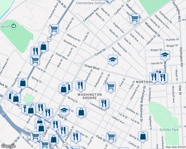 map of restaurants, bars, coffee shops, grocery stores, and more near 1033 Danforth Street in Syracuse