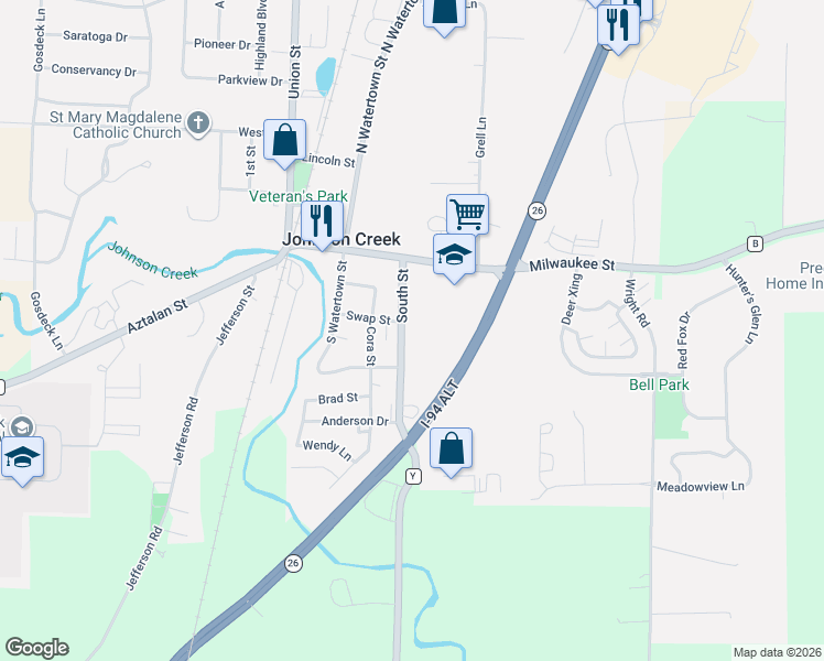 map of restaurants, bars, coffee shops, grocery stores, and more near 125 South Street in Johnson Creek