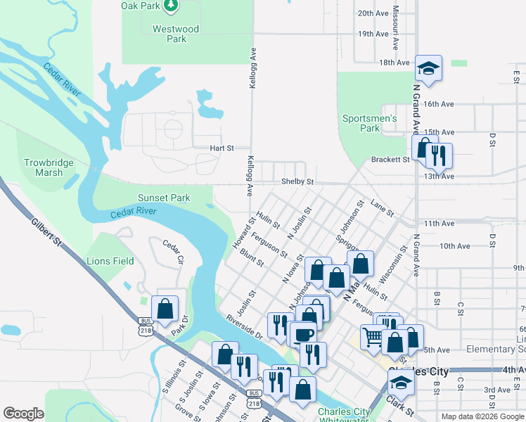 map of restaurants, bars, coffee shops, grocery stores, and more near 605 Howard Street in Charles City
