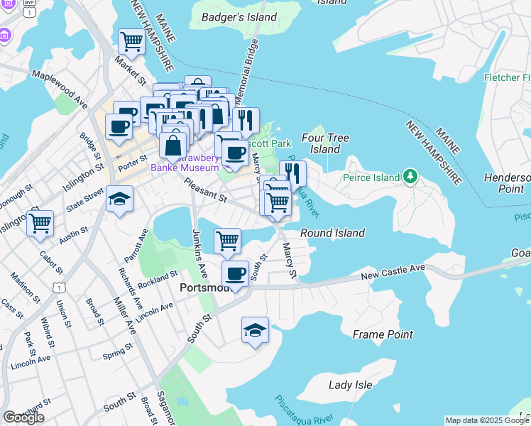map of restaurants, bars, coffee shops, grocery stores, and more near 32 Manning Street in Portsmouth