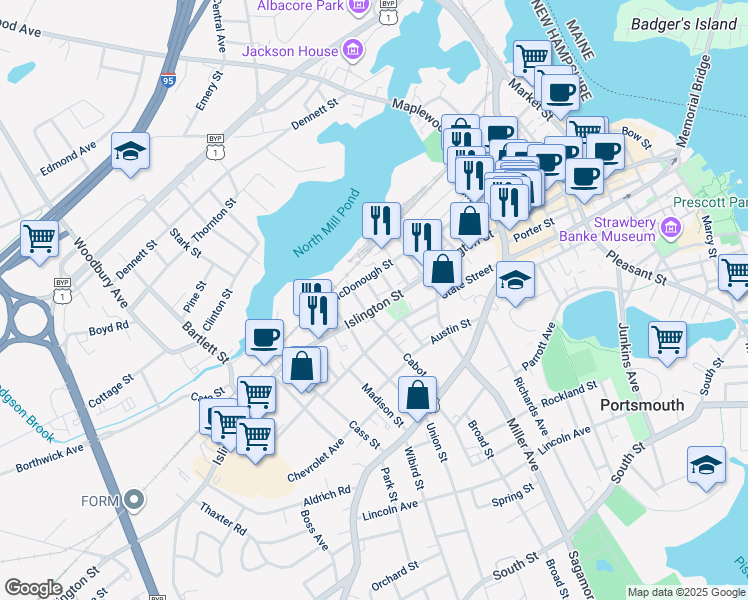 map of restaurants, bars, coffee shops, grocery stores, and more near 26 Cornwall Street in Portsmouth