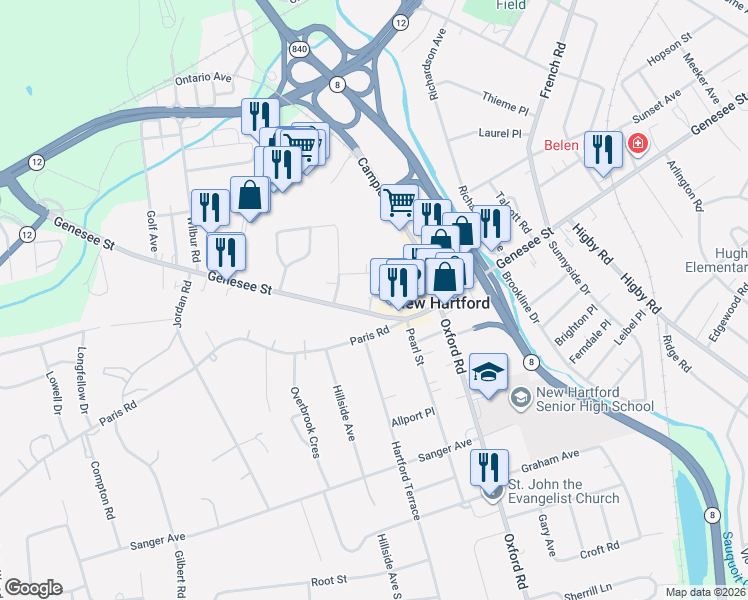 map of restaurants, bars, coffee shops, grocery stores, and more near 4 Woodland Road in New Hartford