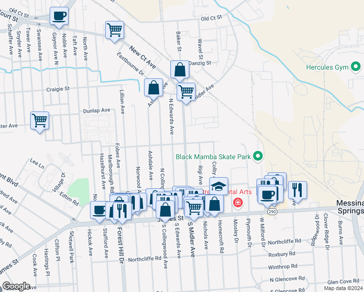 map of restaurants, bars, coffee shops, grocery stores, and more near 312 New York 598 in Syracuse