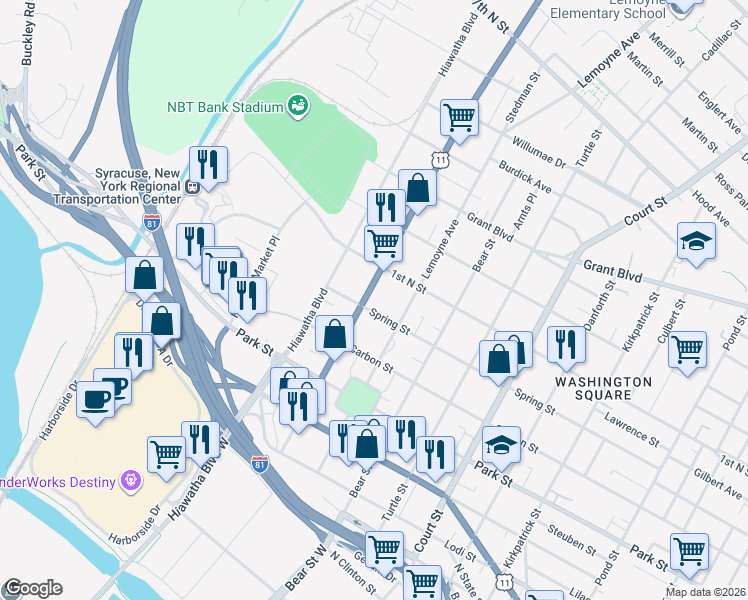 map of restaurants, bars, coffee shops, grocery stores, and more near 509 Wolf Street in Syracuse