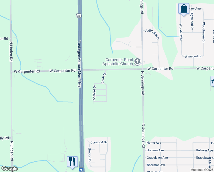 map of restaurants, bars, coffee shops, grocery stores, and more near 2 Birch Crest Drive in Flint