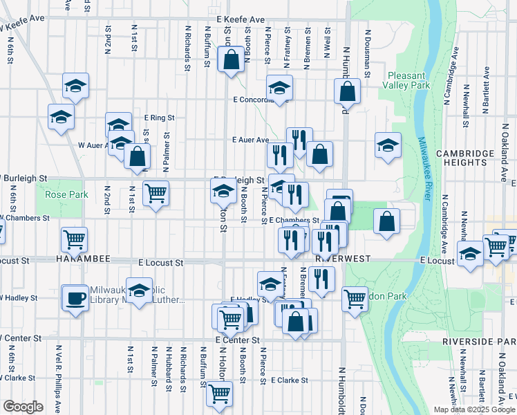 map of restaurants, bars, coffee shops, grocery stores, and more near 3049 North Pierce Street in Milwaukee