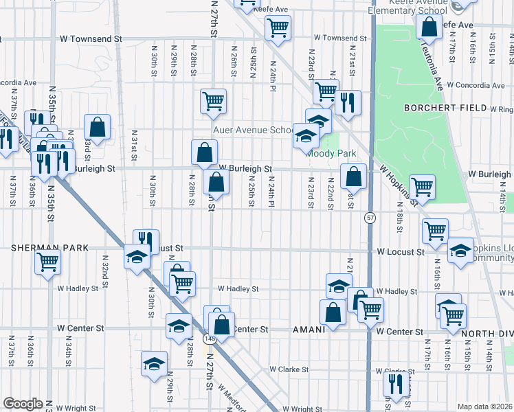 map of restaurants, bars, coffee shops, grocery stores, and more near 3027 North 25th Street in Milwaukee