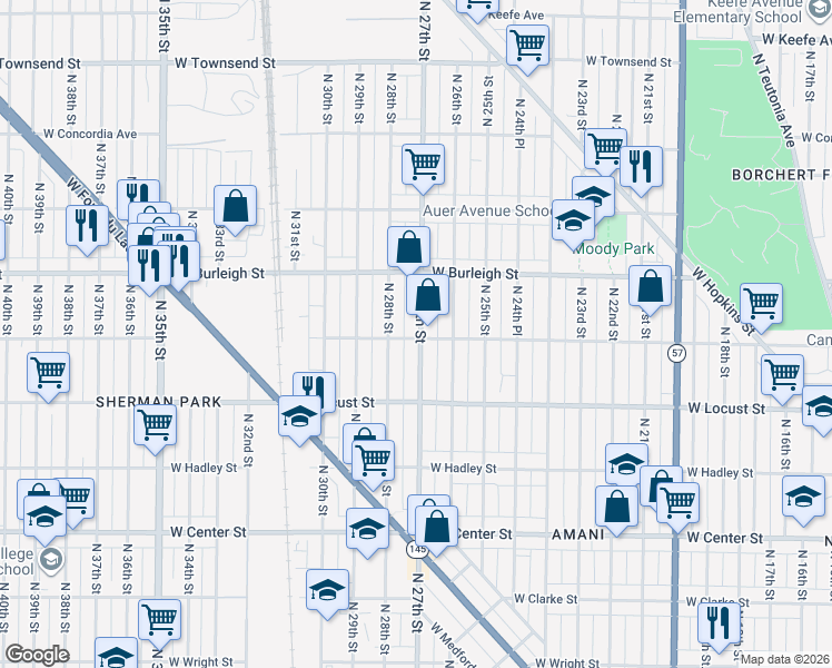 map of restaurants, bars, coffee shops, grocery stores, and more near 3024 North 28th Street in Milwaukee
