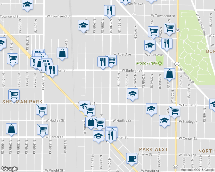 map of restaurants, bars, coffee shops, grocery stores, and more near 3024 North 28th Street in Milwaukee