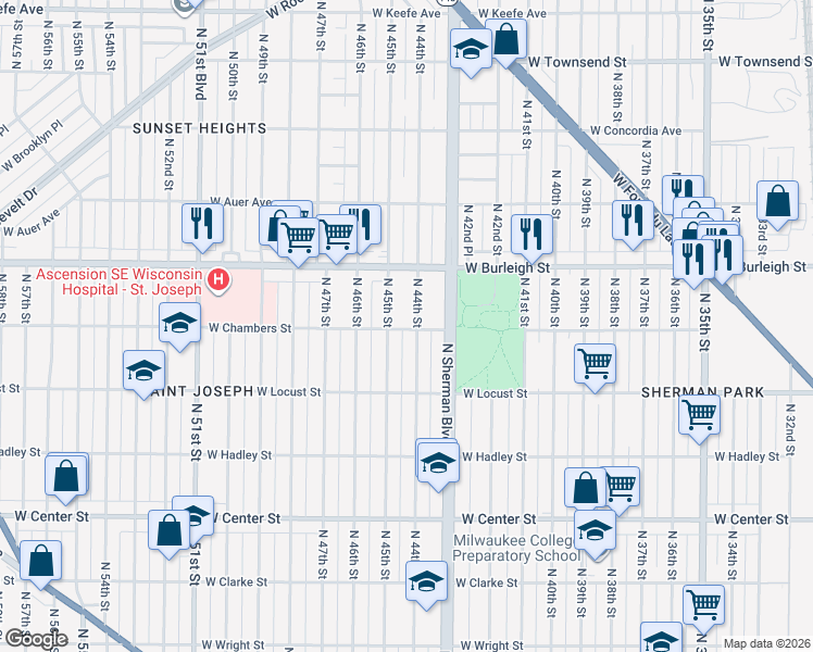 map of restaurants, bars, coffee shops, grocery stores, and more near 3025 North 44th Street in Milwaukee