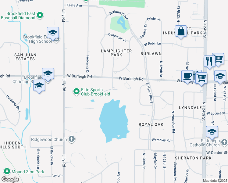map of restaurants, bars, coffee shops, grocery stores, and more near 3000 Hidden Lake Drive in Brookfield