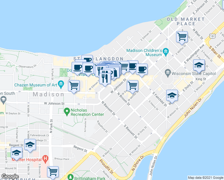 map of restaurants, bars, coffee shops, grocery stores, and more near 405 West Gorham Street in Madison
