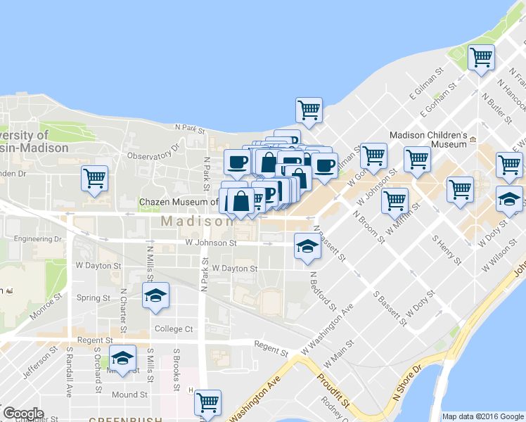 map of restaurants, bars, coffee shops, grocery stores, and more near 419 North Lake Street in Madison