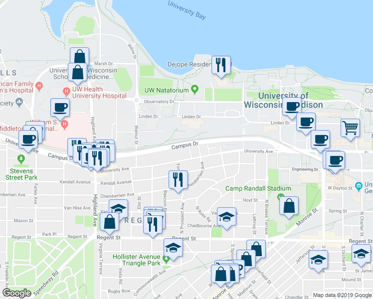 map of restaurants, bars, coffee shops, grocery stores, and more near 420 Paunack Place in Madison