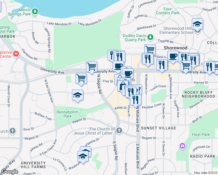 map of restaurants, bars, coffee shops, grocery stores, and more near 602 Sawyer Terrace in Madison