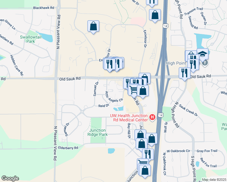 map of restaurants, bars, coffee shops, grocery stores, and more near 8301 Old Sauk Road in Middleton