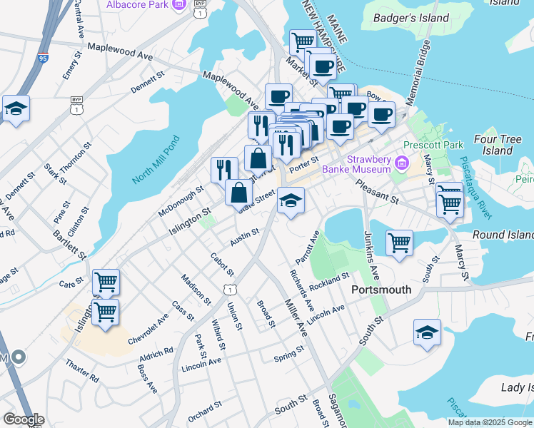 map of restaurants, bars, coffee shops, grocery stores, and more near 180 Middle Street in Portsmouth