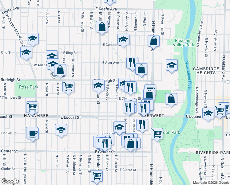 map of restaurants, bars, coffee shops, grocery stores, and more near 3027 North Pierce Street in Milwaukee