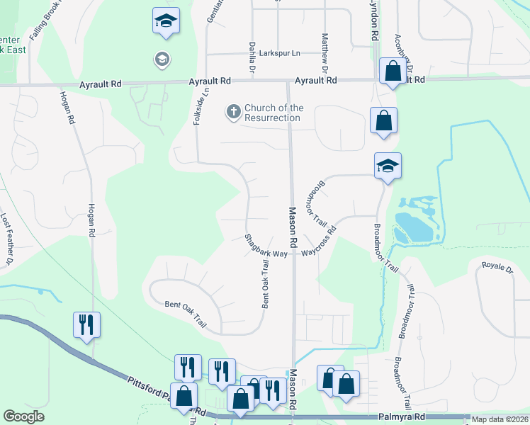 map of restaurants, bars, coffee shops, grocery stores, and more near 62 Shagbark Way in Fairport