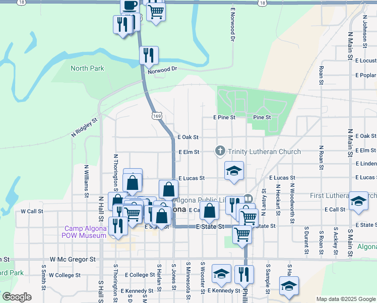 map of restaurants, bars, coffee shops, grocery stores, and more near 600 North Minnesota Street in Algona