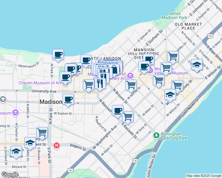 map of restaurants, bars, coffee shops, grocery stores, and more near 304 North Broom Street in Madison