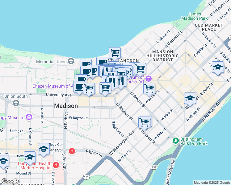 map of restaurants, bars, coffee shops, grocery stores, and more near 432 West Gorham Street in Madison