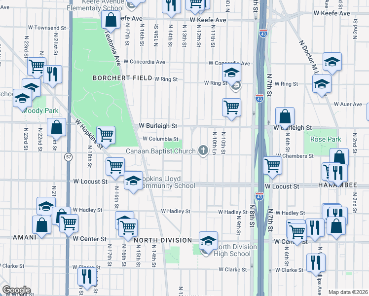 map of restaurants, bars, coffee shops, grocery stores, and more near 3033 North 12th Street in Milwaukee