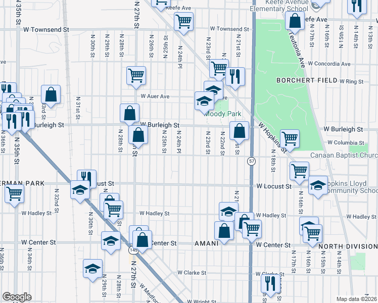 map of restaurants, bars, coffee shops, grocery stores, and more near 3030 North 24th Street in Milwaukee