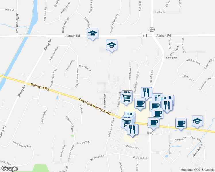 map of restaurants, bars, coffee shops, grocery stores, and more near 9 Heron Way South in Fairport