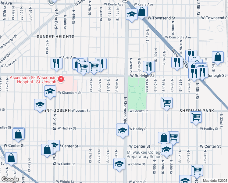 map of restaurants, bars, coffee shops, grocery stores, and more near 3025 North 44th Street in Milwaukee