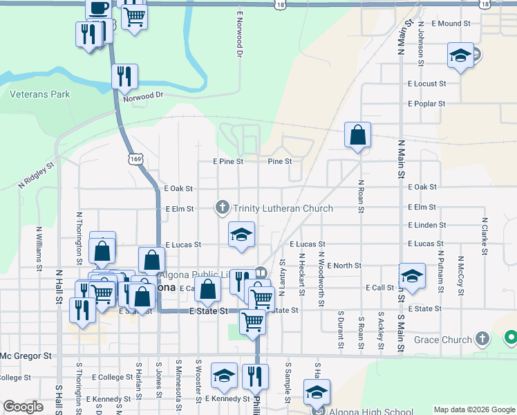 map of restaurants, bars, coffee shops, grocery stores, and more near 601 North Phillips Street in Algona