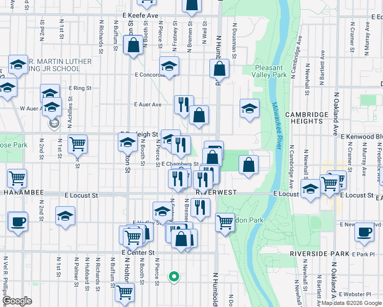map of restaurants, bars, coffee shops, grocery stores, and more near 3050 North Bremen Street in Milwaukee