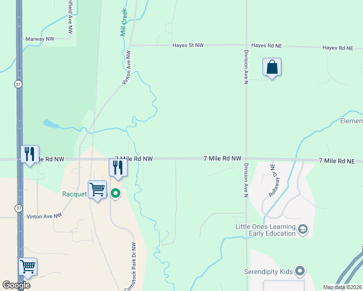 map of restaurants, bars, coffee shops, grocery stores, and more near 207 7 Mile Road Northwest in Comstock Park