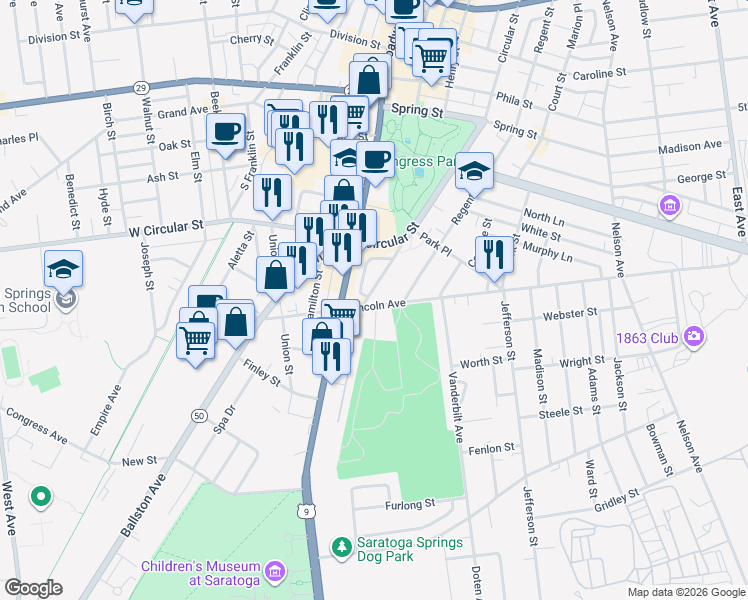 map of restaurants, bars, coffee shops, grocery stores, and more near 11 Whitney Place in Saratoga Springs