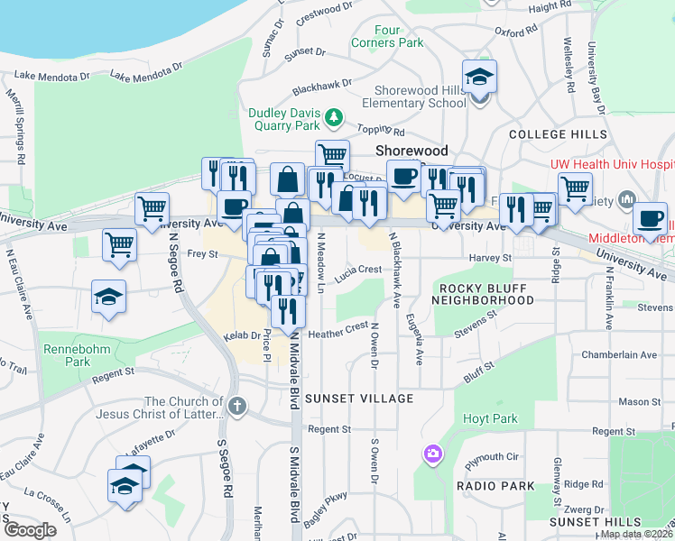map of restaurants, bars, coffee shops, grocery stores, and more near 715 North Meadow Lane in Madison