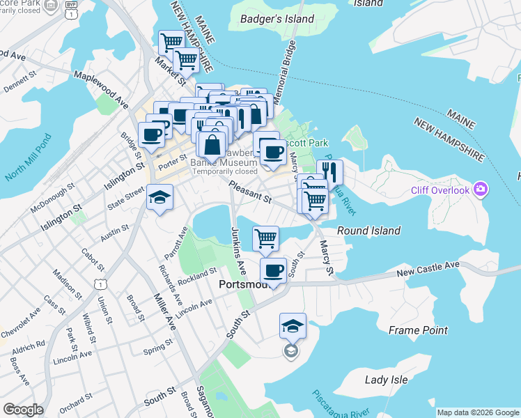 map of restaurants, bars, coffee shops, grocery stores, and more near 303 Pleasant Street in Portsmouth