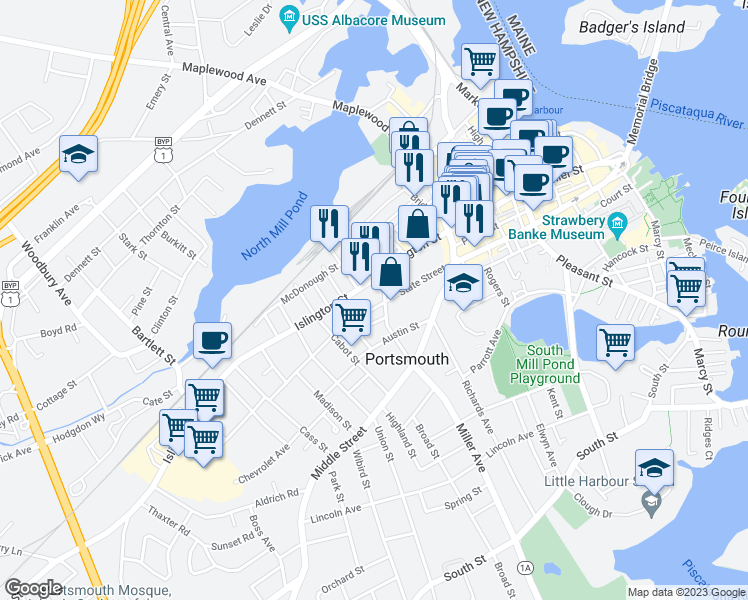 map of restaurants, bars, coffee shops, grocery stores, and more near 180 Islington Street in Portsmouth