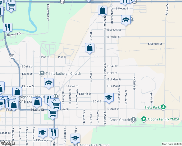 map of restaurants, bars, coffee shops, grocery stores, and more near 601 North Roan Street in Algona