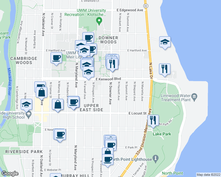 map of restaurants, bars, coffee shops, grocery stores, and more near 3037 N Downer Ave in Milwaukee