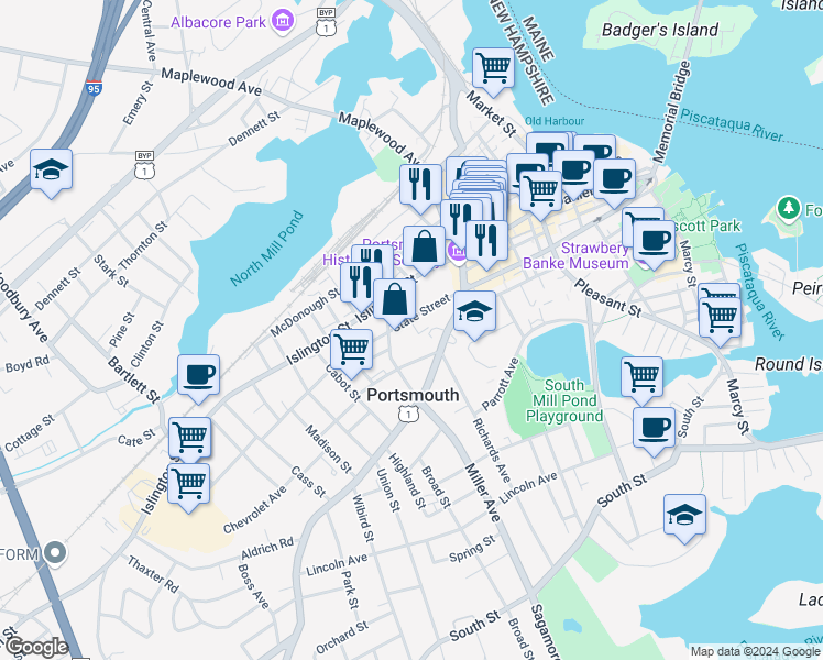 map of restaurants, bars, coffee shops, grocery stores, and more near 579 State Street in Portsmouth