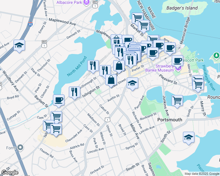 map of restaurants, bars, coffee shops, grocery stores, and more near 180 Islington Street in Portsmouth