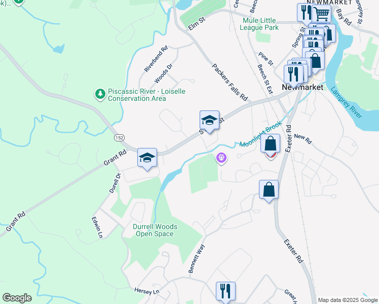 map of restaurants, bars, coffee shops, grocery stores, and more near 223 South Main Street in Newmarket