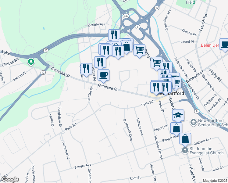 map of restaurants, bars, coffee shops, grocery stores, and more near 114 Genesee St in New Hartford