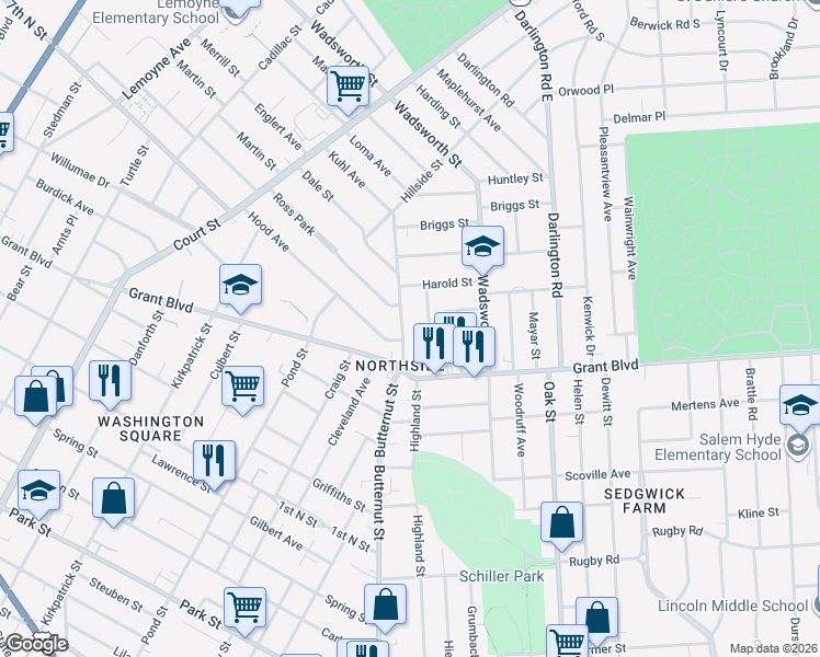map of restaurants, bars, coffee shops, grocery stores, and more near 163 Greenland Drive in Syracuse