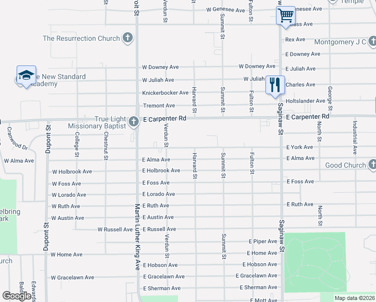 map of restaurants, bars, coffee shops, grocery stores, and more near 257 East York Avenue in Flint
