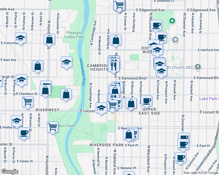 map of restaurants, bars, coffee shops, grocery stores, and more near 3051 North Bartlett Avenue in Milwaukee