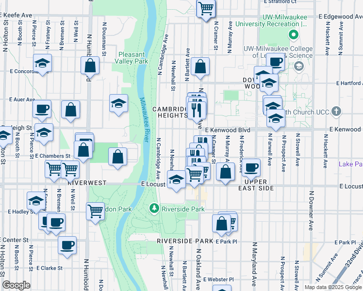 map of restaurants, bars, coffee shops, grocery stores, and more near 3051 North Bartlett Avenue in Milwaukee