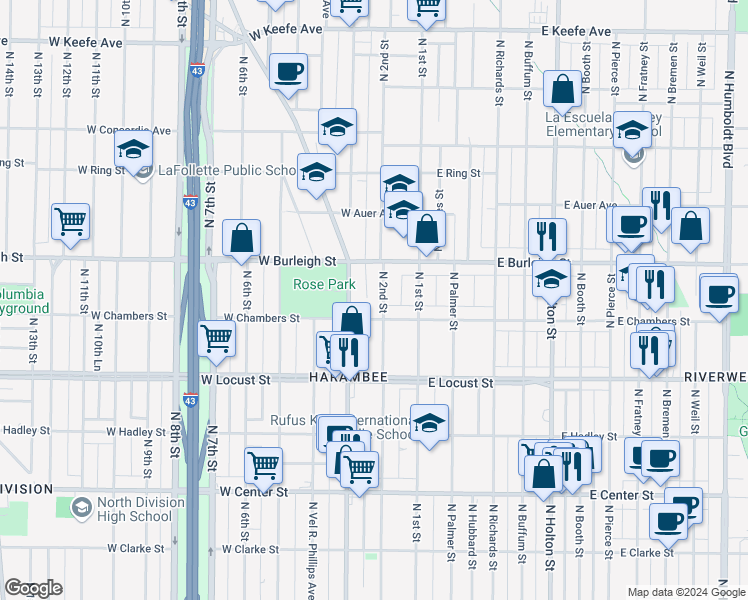 map of restaurants, bars, coffee shops, grocery stores, and more near 3056 North Doctor Martin Luther King Junior Drive in Milwaukee