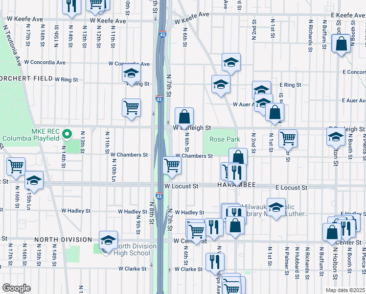 map of restaurants, bars, coffee shops, grocery stores, and more near 3040 North 6th Street in Milwaukee