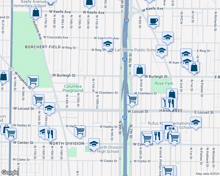 map of restaurants, bars, coffee shops, grocery stores, and more near 3033 North 9th Street in Milwaukee